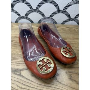 Tory Burch "Claire Ballet" Women's Flat Leather‎ Shoes (orange/ Gold) US 9